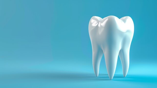 Illustration with a white 3d tooth on a blue background and with space for text can be used for dental clinics, oral hygiene advertising campaigns or dental care products.
