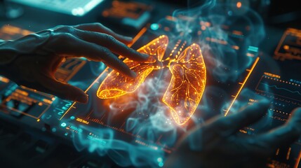 In the image, an individual's hands are approaching a strikingly detailed holographic representation of human lungs that are illuminated and seemingly emitting smoke or vapor, against the backdrop of 
