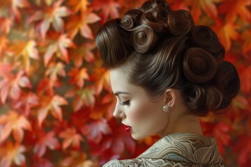 Woman with luxurious red curls amidst fall leaves