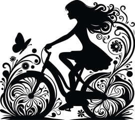 girl riding bicycle, silhouette flowers ornament decoration, floral vector design.
