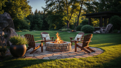 Stone patio round fire pit with chairs. Stylish, cosy backyard retreat for relaxing evenings with family and friends around the warm flame