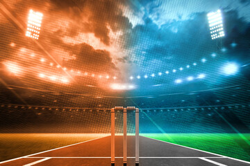 Cricket template for social media posts. Cricket background with stadium lights, gallery and field. Amazing readymade background for sports social media posts. Stump putch, match, football battle - obrazy, fototapety, plakaty