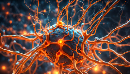 Close up Makro Aufnahme einer Nervenzelle mit Vernetzungen im Gehirn, Impulse Synapsen und Informationen fließen zum denken und wahrnehmen humane Forschung und medizinische Wissenschaft