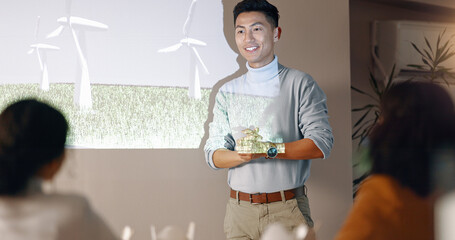 Speaker, man and presentation with workshop, eco friendly or wind turbines with corporate training,...