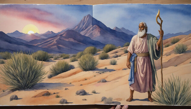 Watercolor of Moses at Burning Bush