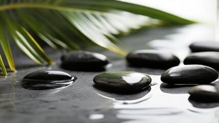 Obraz na płótnie Canvas Palm leaves and smooth black wet stones contrasting against the neutral gray background