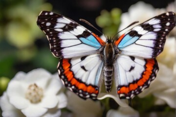 Frontal perspective showcasing the vibrant colors of butterfly as it sits elegantly on a flower