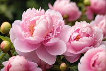 Obraz premium Intricate layers of peony blooms, showcasing their delicate beauty and soft colors in a summer background texture