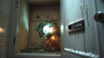Shot of a safe door bursts open wall during attempted crack, Money safe explodes. Generative AI.
