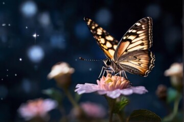 Naklejka premium Beautiful butterfly delicately resting on a flower, with a backdrop of a fantastic starry sky