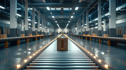 Naklejka premium Warehouse fulfillment center with seamless conveyor transport of packages. Generative AI.