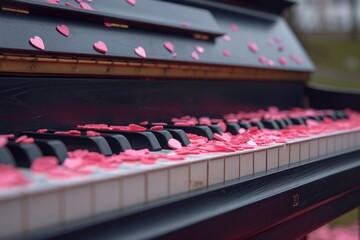 Delicate hearts on the piano keys create an atmosphere of romance and musical passion