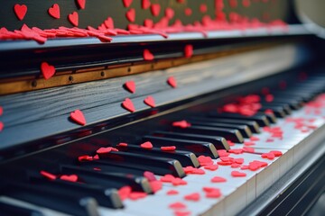 Decorated with pink hearts, the keys of the grand piano give the instrument a unique charm and...