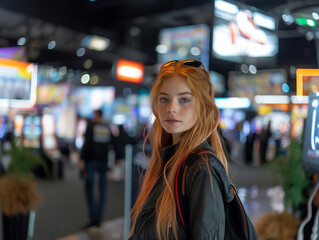 Girl with red hair at conference with leather jacket