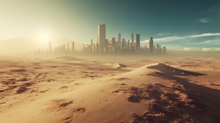 A post apocalypse desert with ruined city sky scraper in the distance