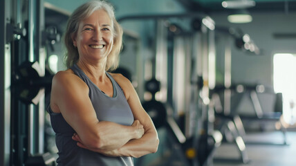 Fototapeta premium Happy healthy elderly woman at gym , healthy life style