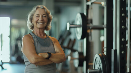 Happy healthy elderly woman at gym  , healthy life style