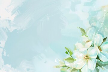 Spring summer white flowers abstract pastel green blue banner. Graphic resource and backdrop for design and advertisement. Copy space