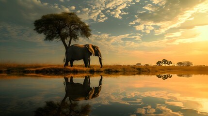 Wallpaper background of Elephants roam freely in the golden glow of the setting sun amidst the vast savanna landscape of Kenya. Generative AI