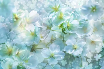 Spring summer white flowers abstract pastel green blue banner. Graphic resource and backdrop for design and advertisement.