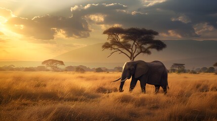 Wallpaper background of Elephants roam freely in the golden glow of the setting sun amidst the vast savanna landscape of Kenya. Generative AI