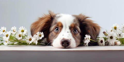 Portrait of a cute dog looking out at a table decorated with spring flowers. Banner layout for pet store or veterinary clinic.