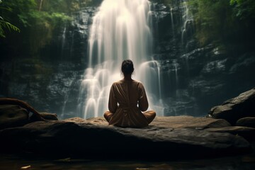 Focused Person meditation waterfall. Summer travel. Generate Ai