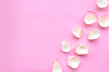 Obraz na płótnie Canvas Rose petals on pastel pink background. Valentines Day or Wedding concept. Beautiful greeting card