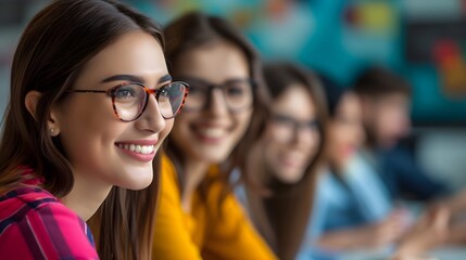 A smiling woman with friend students, sit together in a school, enjoying in a class. Generative AI