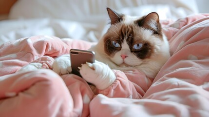 Grumpy Cat wearing pajamas and lying in bed with a smartphone. Generative AI