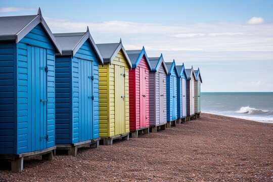 a row of colorful huts on a beach