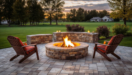 Stone patio round fire pit with chairs. Stylish, cosy backyard retreat for relaxing evenings with family and friends around the warm flame - obrazy, fototapety, plakaty