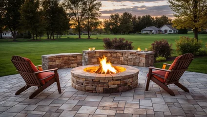 Photo sur Aluminium Feu Stone patio round fire pit with chairs. Stylish, cosy backyard retreat for relaxing evenings with family and friends around the warm flame