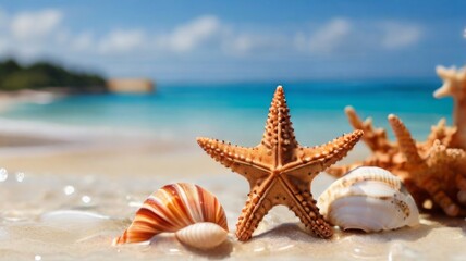 Fototapeta na wymiar Starfish and shell bathed in the warm sunlight, surrounded by the calm sea water and sandy beach