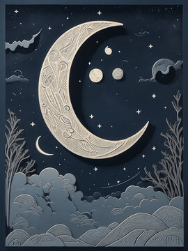 A photo of Lino cut friendly night sky with moon Generative AI