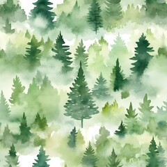 Fototapeta premium A seamless pattern of tree and forest wallpaper watercolor illustration design on white background. Generative AI