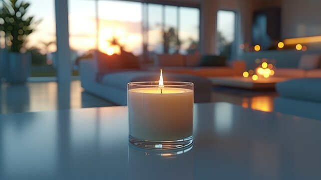 White candle in glass placed centrally on a minimalist table, sleek and pure, radiating a gentle light. Generative AI.