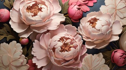 Intricate layers of peony blooms, showcasing their delicate beauty and soft colors in a summer background texture