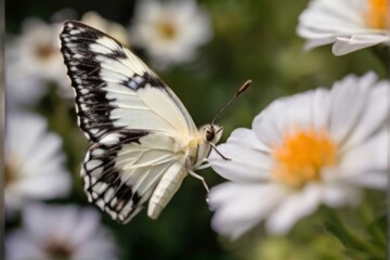 Fototapeta premium Frontal perspective showcasing the vibrant colors of butterfly as it sits elegantly on a flower