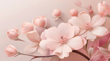 Graceful curves and soft textures of delicate flowers against a light pink pastel-colored backdrop