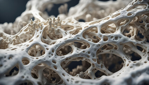 Makro Nahaufnahme von Knochen Kalk Ablagerungen Struktur im menschlichen K&ouml;rper Skelett medizinisch wissenschaftlich Alterung Abbau Verlust Stabilit&auml;t Bruch Dichte wei&szlig; 