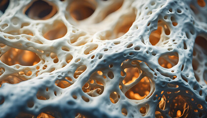 Makro Nahaufnahme von Knochen Kalk Ablagerungen Struktur im menschlichen Körper Skelett medizinisch wissenschaftlich Alterung Abbau Verlust Stabilität Bruch Dichte weiß 