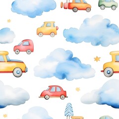 A seamless pattern of cute car wallpaper watercolor illustration design on white background. Generative AI