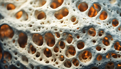Makro Nahaufnahme von Knochen Kalk Ablagerungen Struktur im menschlichen Körper Skelett medizinisch wissenschaftlich Alterung Abbau Verlust Stabilität Bruch Dichte weiß 