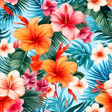 A seamless pattern of floral Hawaii flower watercolor illustration design on white background. Generative AI