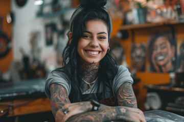 Cheerful young tattoo artist with tattooed hands posing in tattoo studio. - obrazy, fototapety, plakaty