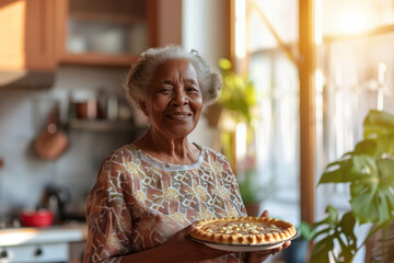 Happy cheerful senior woman holding freshly baked pie on her sunny kitchen. Grandma baking desserts for her grandchildren. - obrazy, fototapety, plakaty