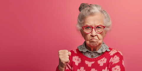 Grumpy senior woman looking at camera with resentment and disapproval, on solid background with copy space. - obrazy, fototapety, plakaty