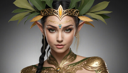 Beautiful forest elf with golden facial tattoo in 3D illustration on black background with copy space