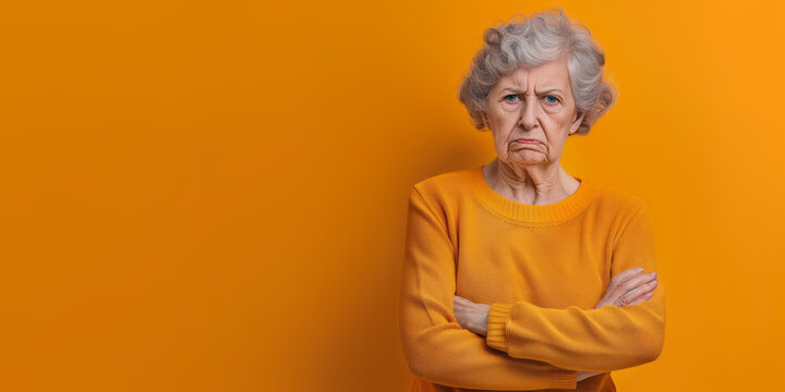 Grumpy senior woman looking at camera with resentment and disapproval, on solid background with copy space.